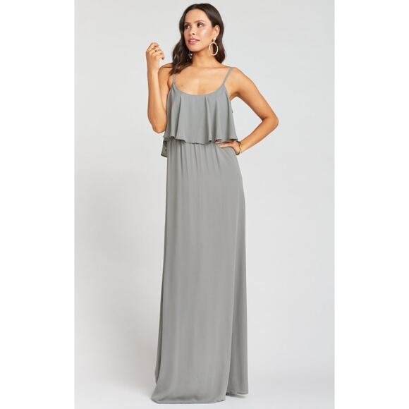 Show Me Your Mumu Caitlin Ruffle Maxi Dress Cold Shoulder Charcoal Crisp Small - Picture 5 of 7